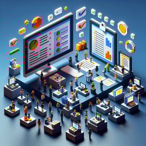 3D voxel art depicting online demographic surveys on a dark blue background.