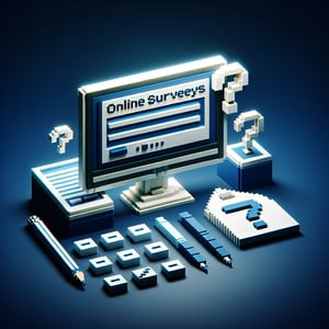 3D voxel art depicting online surveys, set against a dark blue background, symbolizing NPS survey questions.