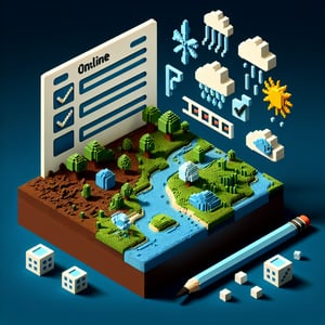 3D voxel art depicting the concept of online climate surveys on a dark blue background.