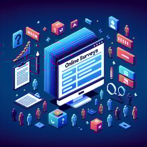 3D voxel art depicting online surveys with focus on gender questions, set against a dark blue background.
