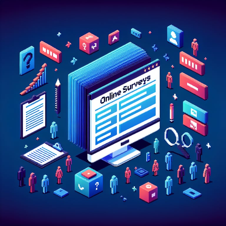 3D voxel art depicting online surveys with focus on gender questions, set against a dark blue background.