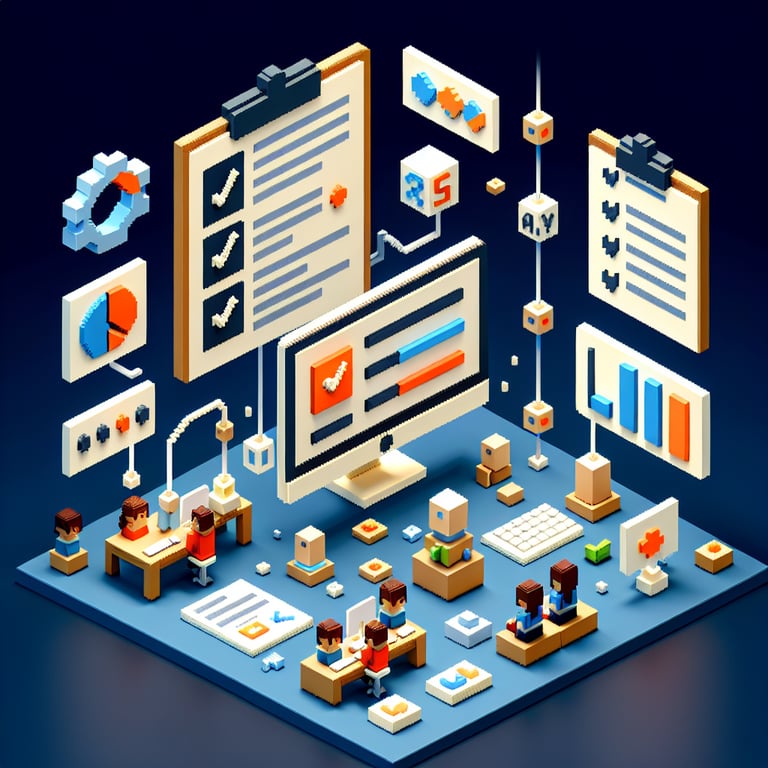 3D voxel art depicting the concept of online ease of use surveys on a dark blue background.