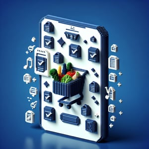 3D voxel art depicting online grocery store surveys on a dark blue background.