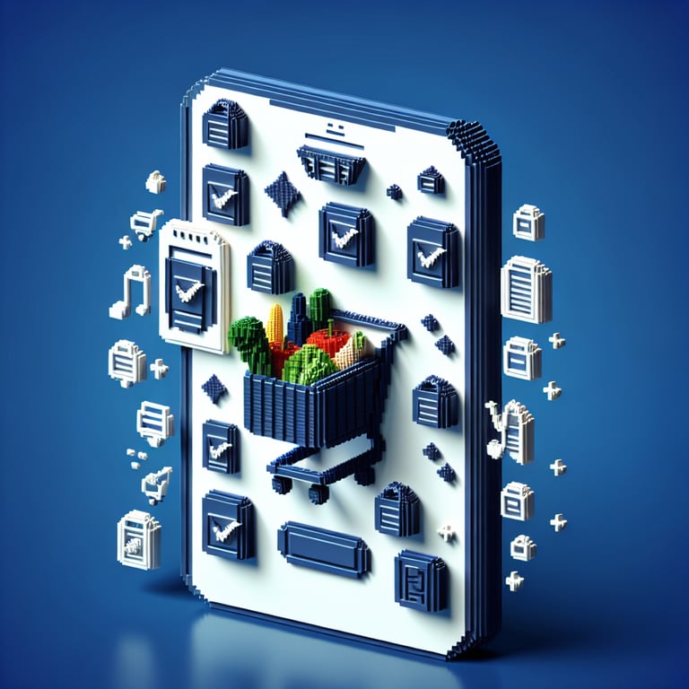 3D voxel art of grocery shopper feedback survey in neon style