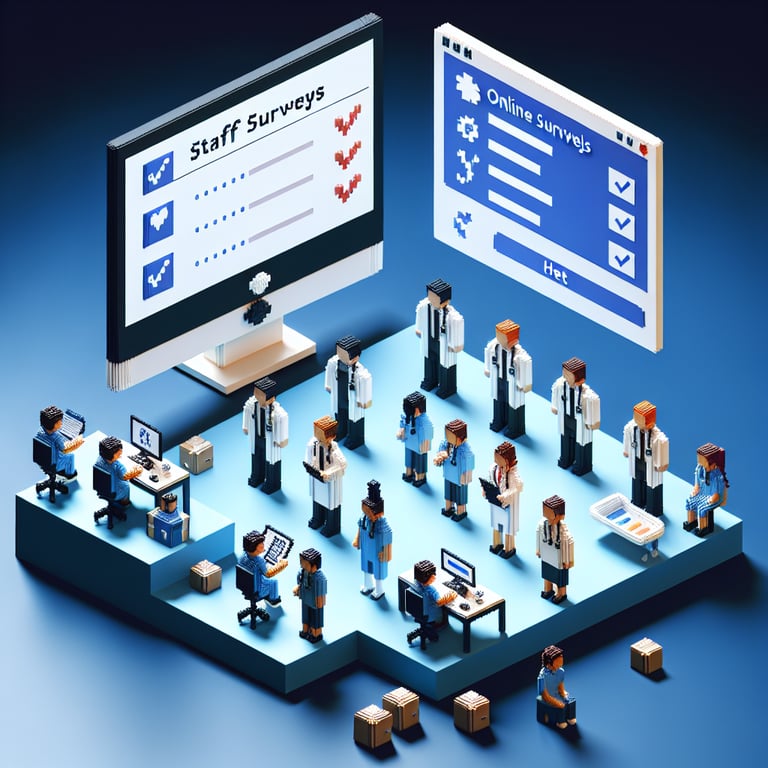 3D voxel art depicting online surveys, symbolizing NHS England staff surveys on a dark blue background.