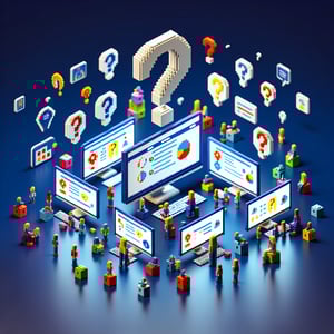 3D voxel art depicting online course surveys with a dark blue background.
