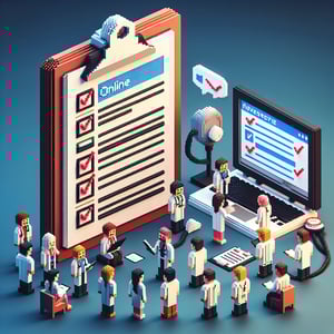 3D voxel art representing online surveys, featuring elements related to doctor