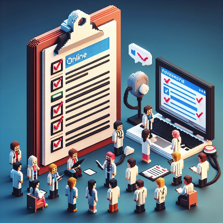 3D voxel art representing online surveys, featuring elements related to doctor's office surveys on a dark blue background.