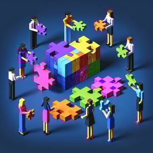 3D voxel art depicting online inclusive gender surveys on a dark blue background.