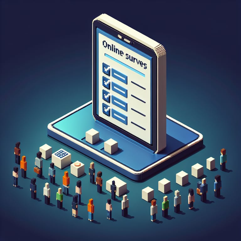 3D voxel art depicting online pre-event surveys with a dark blue background.