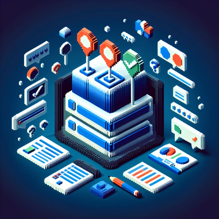 3D voxel art depicting online brand perception surveys, with a dark blue background.