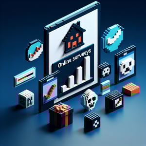 3D voxel art depicting an online horror movie survey on a dark blue background.