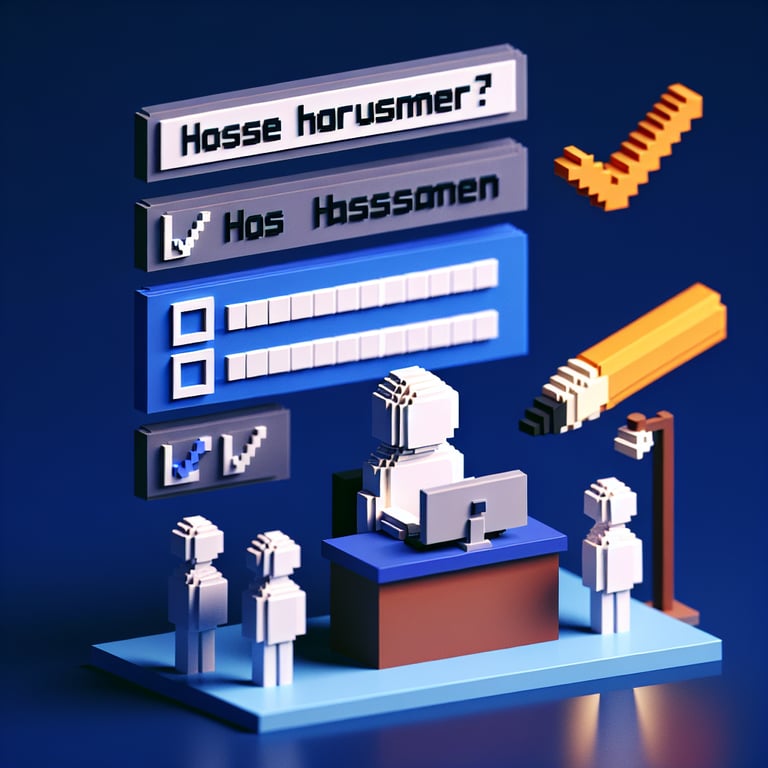 3D voxel art depicting online harassment survey concept on a dark blue background.
