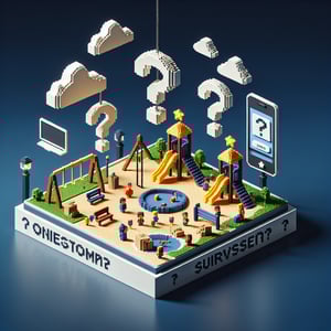 3D voxel art depicting online playground survey concept on a dark blue background.