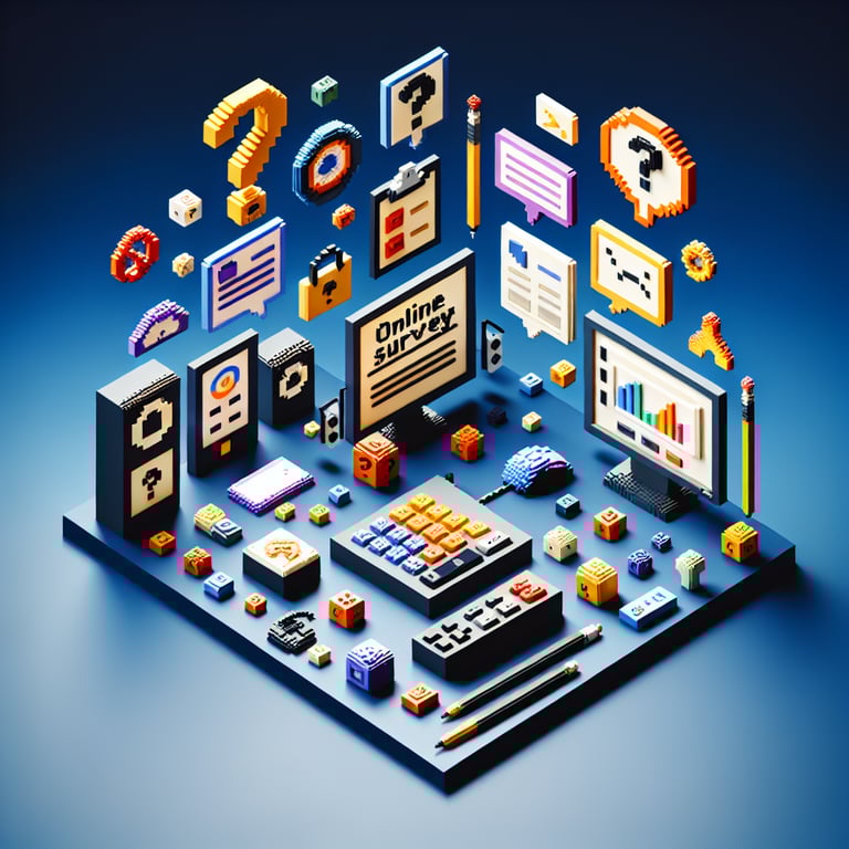 3D voxel art depicting online IT support survey concept on a dark blue background.
