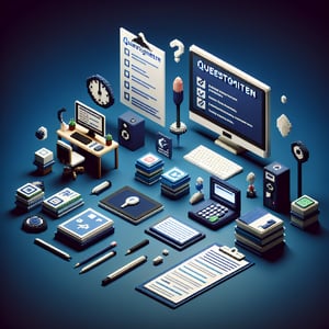 3D voxel art depicting online surveys, symbolizing classroom technology survey questions, on a dark blue background.