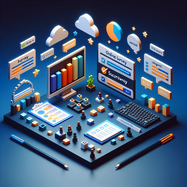 3D voxel art depicting online surveys with a dark blue background, representing cx survey questions.