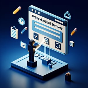 3D voxel art depicting online education level survey process on a dark blue background.