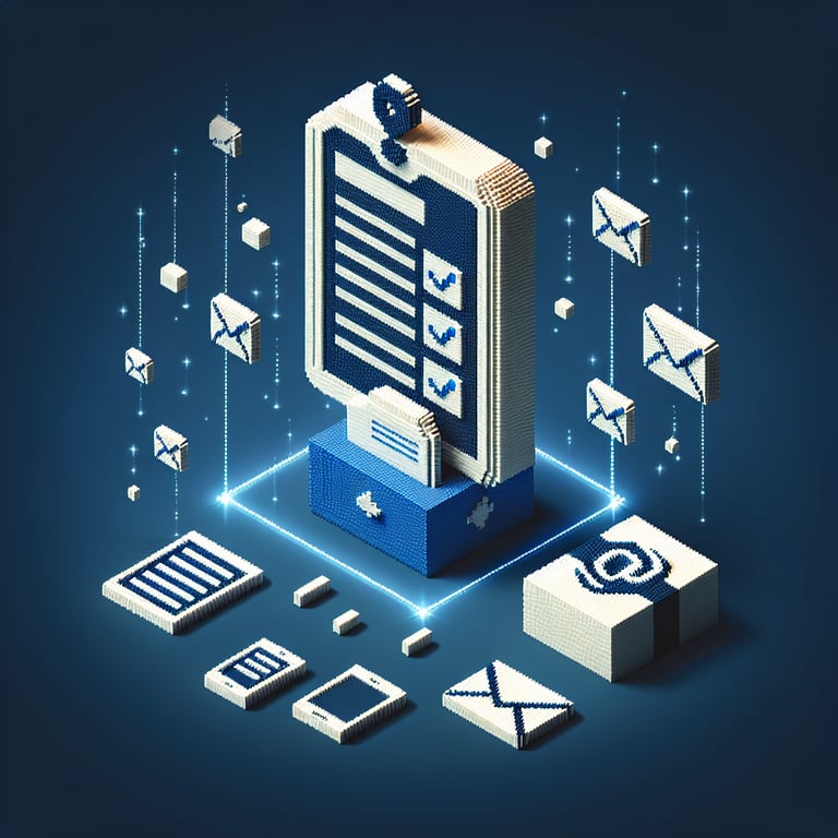 3D voxel art depicting online surveys and questions for email communication, set against a dark blue background.
