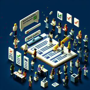 3D voxel art depicting online celebrity surveys against a dark blue background.