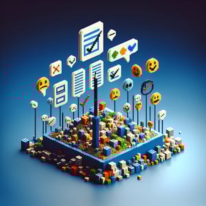 3D voxel art representing online surveys and questions on a dark blue background.