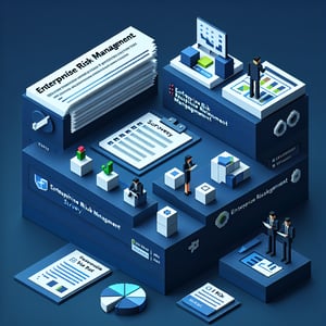 3D voxel artwork depicting online enterprise risk management surveys on a dark blue background.