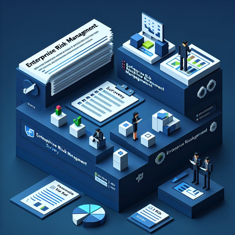 3D voxel artwork depicting online enterprise risk management surveys on a dark blue background.