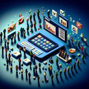 3D voxel art depicting online surveys and questions on a dark blue background.