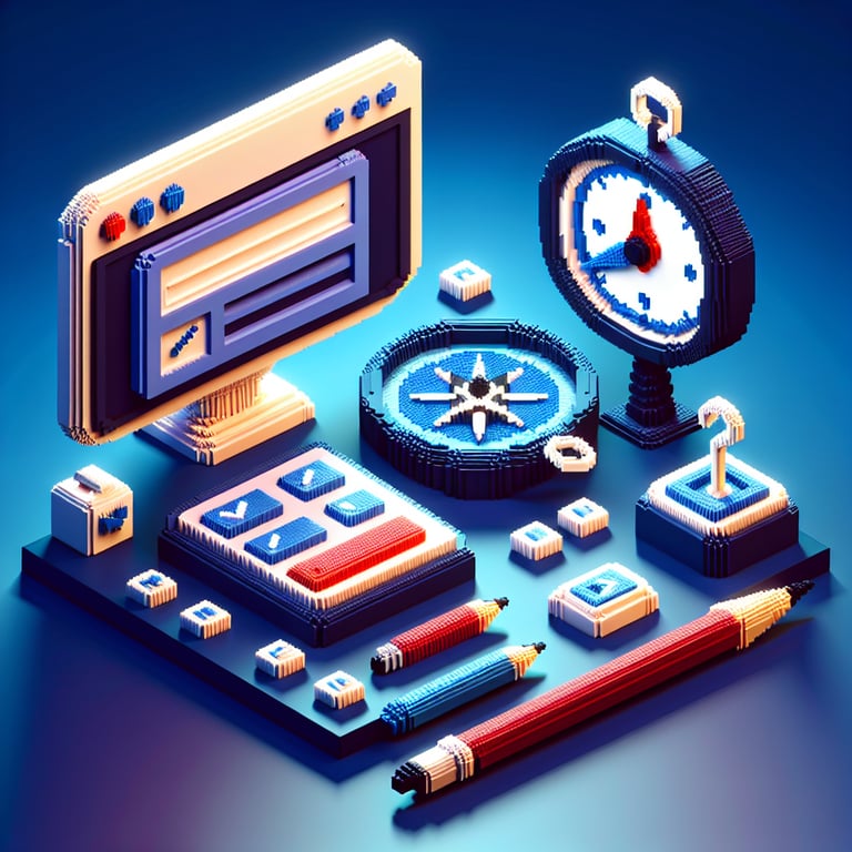 3D voxel art depicting online compass surveys with a dark blue background, no text or logos.