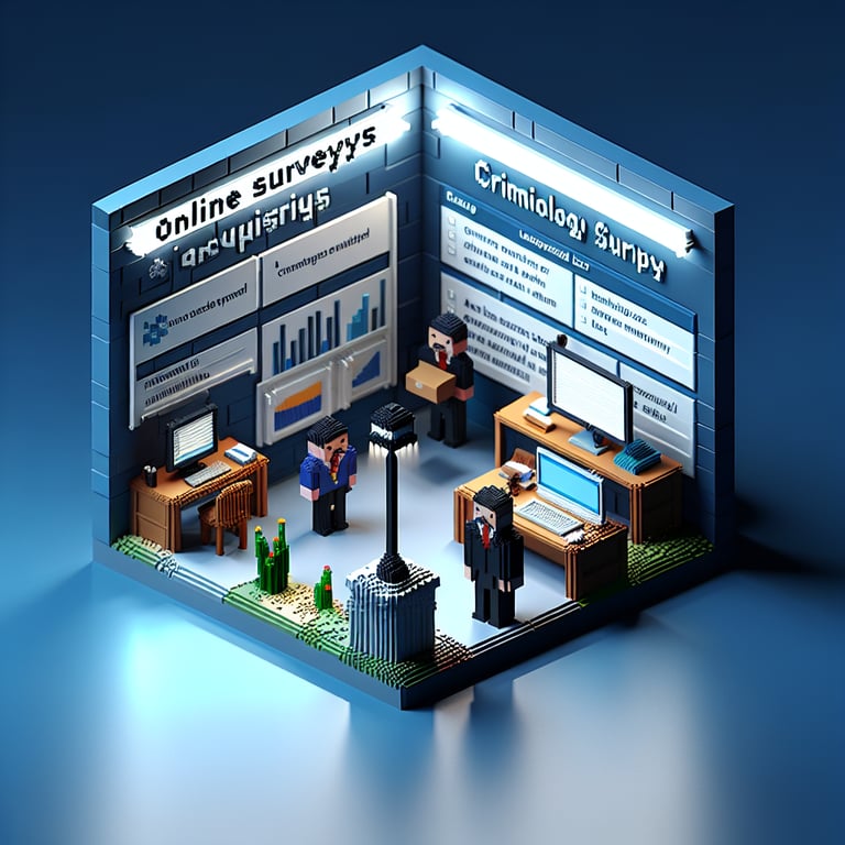 3D voxel art illustrating the concept of online, close-ended criminology surveys on a dark blue background.