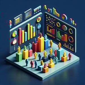 3D voxel art depicting the concept of online B2B customer surveys on a dark blue background.