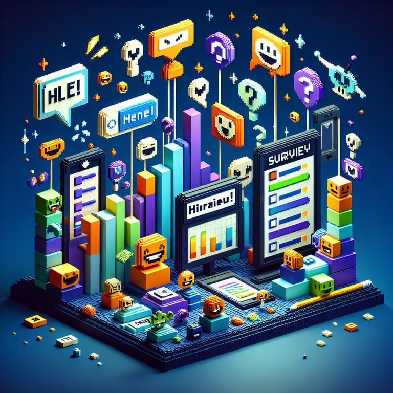 3D voxel art showcasing humorous online surveys on a dark blue background.
