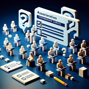 3D voxel art depicting online association membership survey concept on a dark blue background.