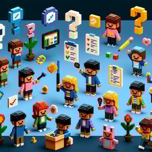 3D voxel art depicting online surveys with appealing elements, set against a dark blue background.