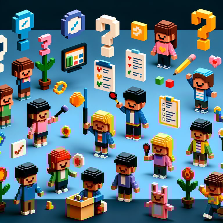 Playful 3D voxel art celebrating interactive kid surveys