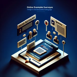 3D voxel art depicting online surveys and questions against a dark blue background.