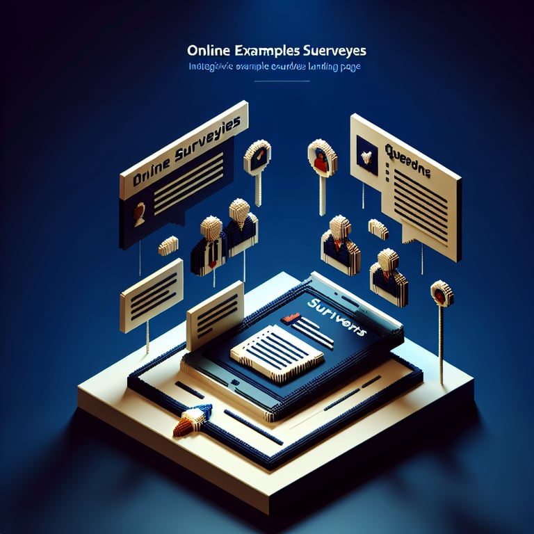 3D voxel art depicting online surveys and questions against a dark blue background.
