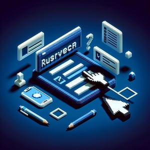 3D voxel art depicting the concept of determining the number of questions in a research survey, on a dark blue background.