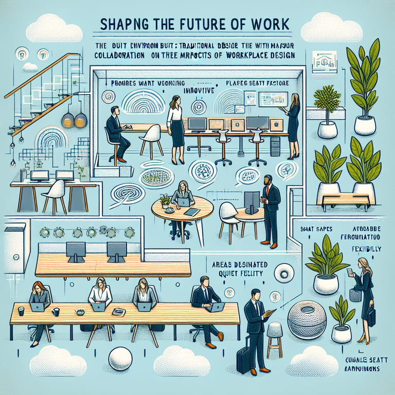 Shaping the Future of Work illustration with key topics in Workplace Design survey questions.