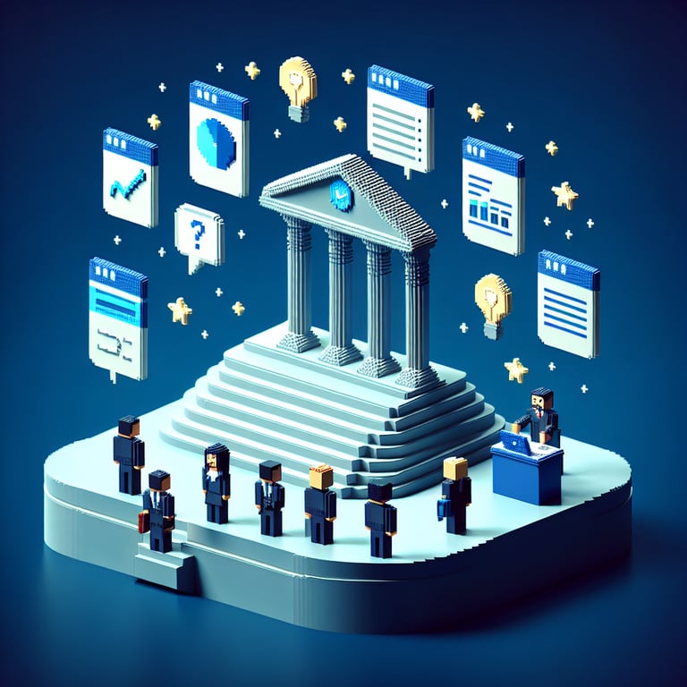 3D voxel art depicting the concept of online surveys, set against a dark blue background.