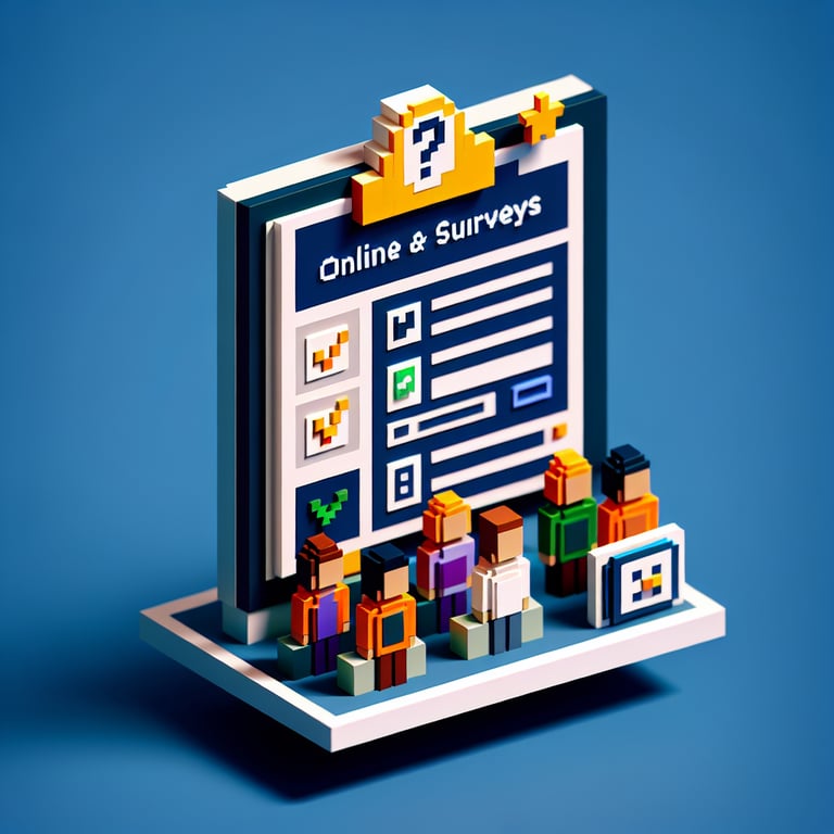 3D voxel art depicting online federal human capital survey process on a dark blue background.