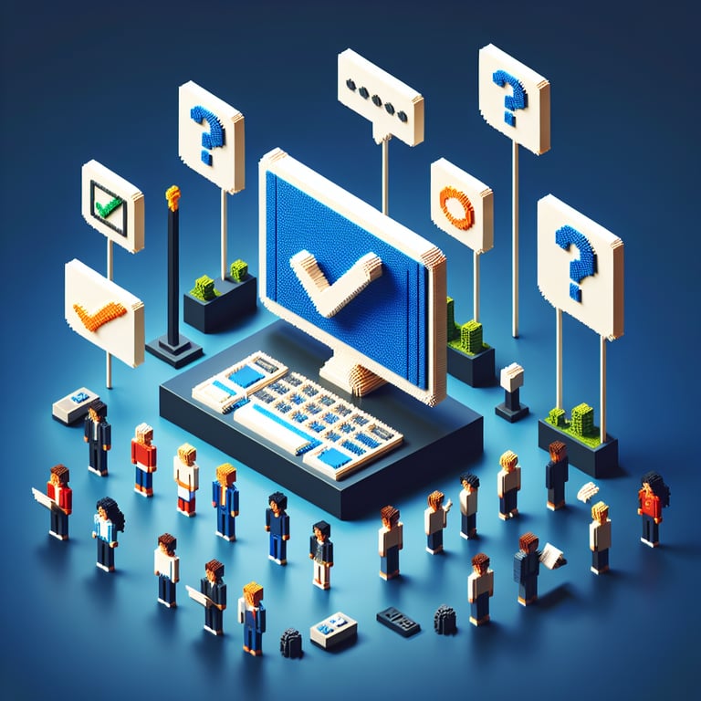 3D voxel art depicting the concept of online surveys and questions on a dark blue background.