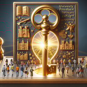 Illustration of a key unlocking improved learning outcomes through University Feedback survey questions.
