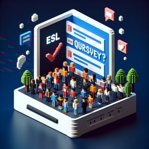 3D voxel art showcasing online surveys with a dark blue background, symbolizing ESL fun personal surveys.