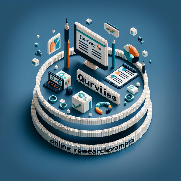 3D voxel art depicting online surveys and questions for qualitative research on a dark blue background.