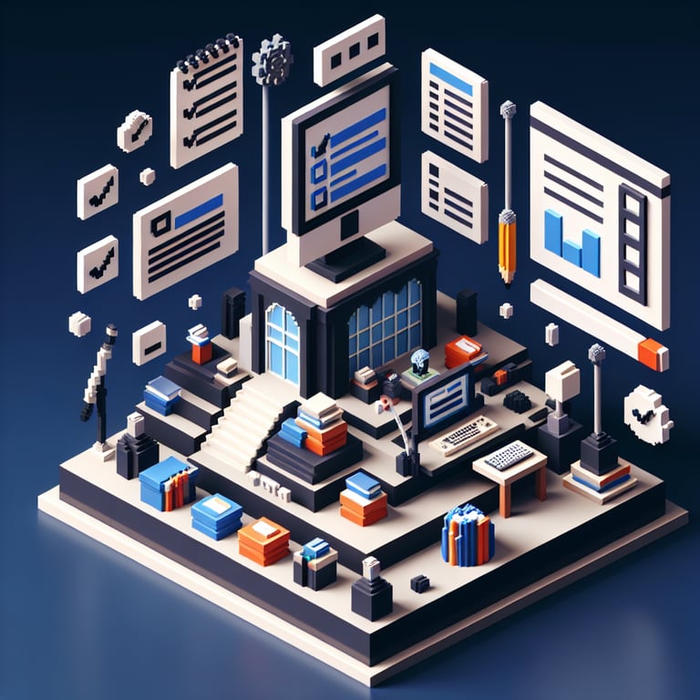 3D voxel art depicting online surveys, symbolizing library strategic planning survey questions.