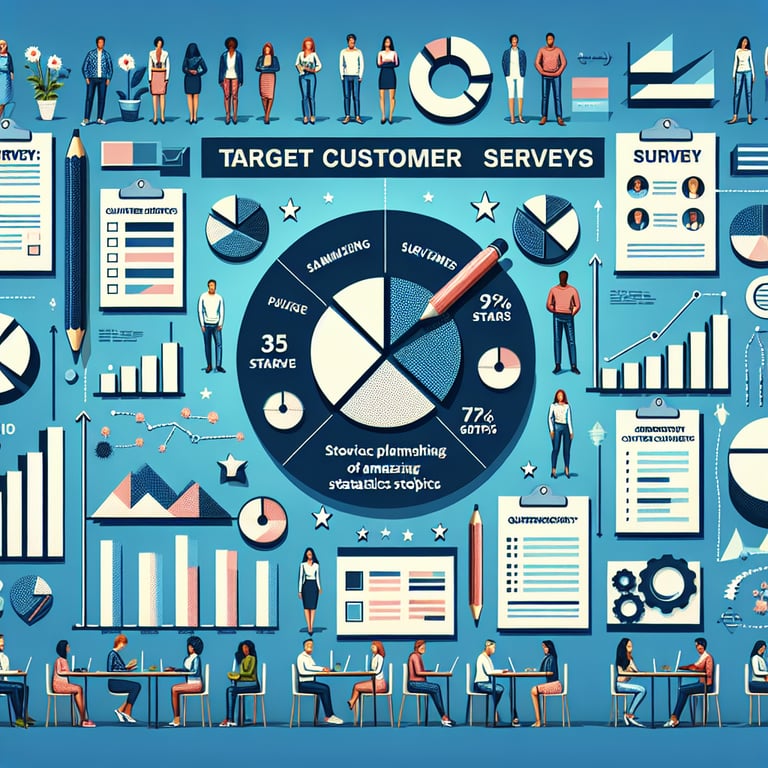 Illustration showcasing the elevation of Target Customer survey questions with relevant topics and statistics.