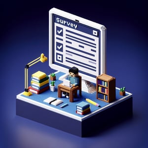 3D voxel art depicting online student surveys with a dark blue background.