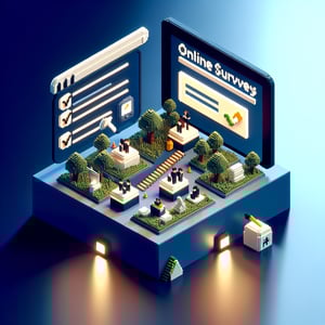 3D voxel art featuring elements representative of online surveys and questions on a dark blue background.