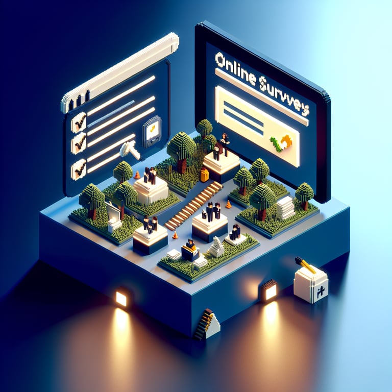 3D voxel art featuring elements representative of online surveys and questions on a dark blue background.